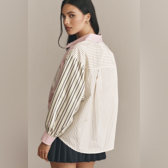 Anthropologie Pink and Cream Striped Button Down Shirt - Picture 3 of 16